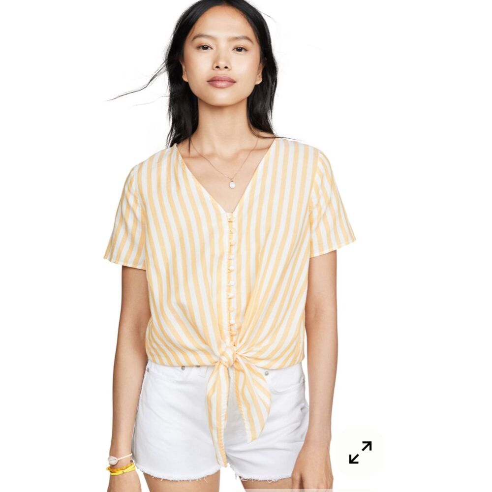 Madewell Bayside Stripe Tie Front Button Top Yellow White XS
